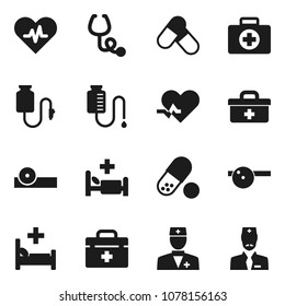 Flat vector icon set - pills vector, first aid kit, doctor bag, heart pulse, stethoscope, eye hat, hospital bed, drop counter