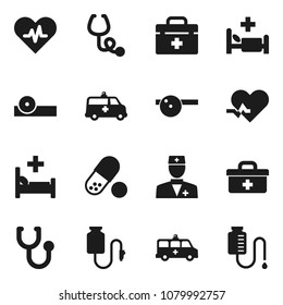 Flat vector icon set - pills vector, doctor bag, heart pulse, stethoscope, eye hat, hospital bed, amkbulance car, drop counter