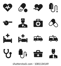 Flat vector icon set - pills vector, first aid kit, doctor bag, heart pulse, stethoscope, eye hat, hospital bed, amkbulance car, drop counter