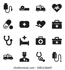 Flat vector icon set - pills vector, first aid kit, doctor bag, heart pulse, stethoscope, eye hat, hospital bed, amkbulance car, drop counter