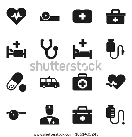 Flat vector icon set - pills vector, first aid kit, doctor bag, heart pulse, stethoscope, eye hat, hospital bed, amkbulance car, drop counter