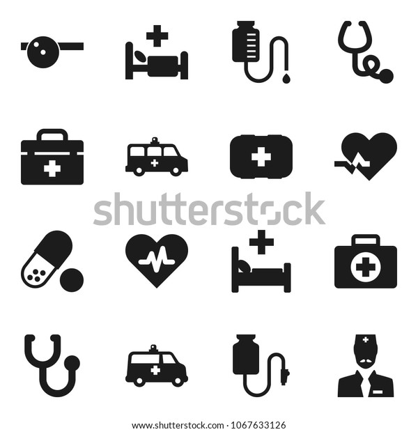 Flat vector icon set - pills vector, first aid\
kit, doctor bag, heart pulse, stethoscope, eye hat, hospital bed,\
ambulance car, drop\
counter