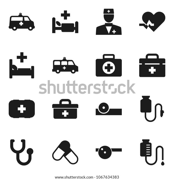 Flat vector icon set - pills vector, first aid\
kit, doctor bag, heart pulse, stethoscope, eye hat, hospital bed,\
ambulance car, drop\
counter