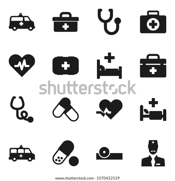 Flat vector icon set - pills vector, first aid kit,\
doctor bag, heart pulse, stethoscope, eye hat, hospital bed,\
amkbulance car
