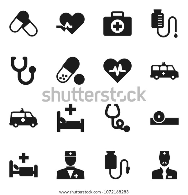Flat vector icon set - pills vector, first aid\
kit, heart pulse, doctor, stethoscope, eye hat, hospital bed,\
amkbulance car, drop\
counter