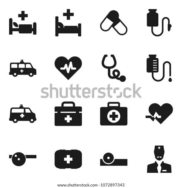 Flat vector icon set - pills vector, first aid\
kit, doctor bag, heart pulse, stethoscope, eye hat, hospital bed,\
amkbulance car, drop\
counter
