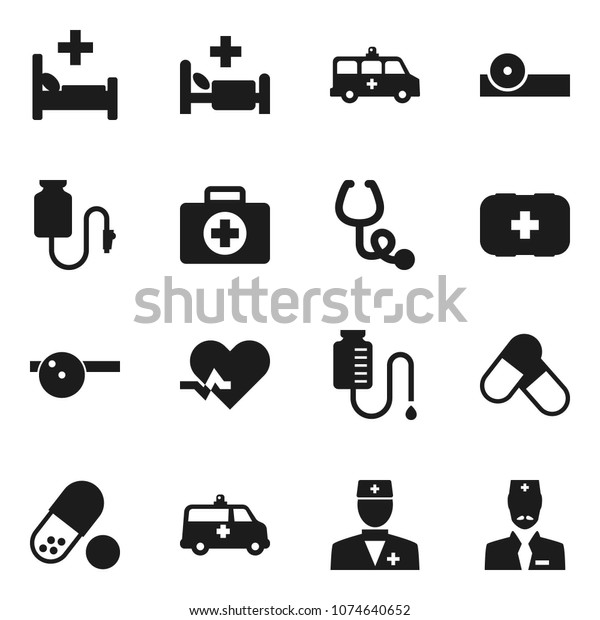 Flat vector icon set - pills vector, first aid\
kit, heart pulse, doctor, stethoscope, eye hat, hospital bed,\
amkbulance car, drop\
counter