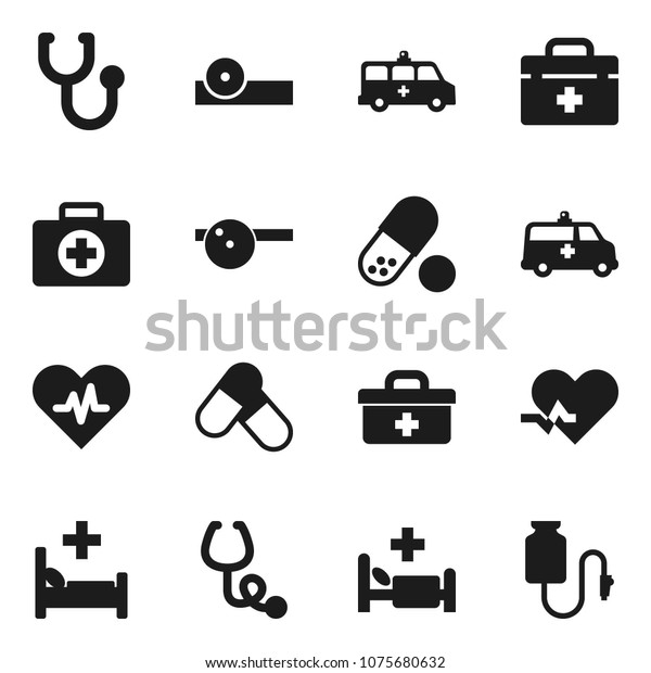 Flat vector icon set - pills vector, first aid
kit, doctor bag, heart pulse, stethoscope, eye hat, hospital bed,
amkbulance car, drop
counter
