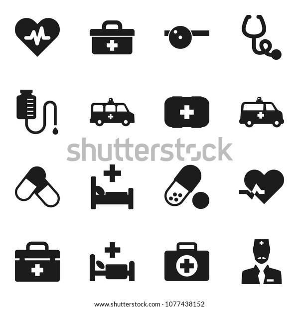 Flat vector icon set - pills vector, first aid\
kit, doctor bag, heart pulse, stethoscope, eye hat, hospital bed,\
amkbulance car, drop\
counter