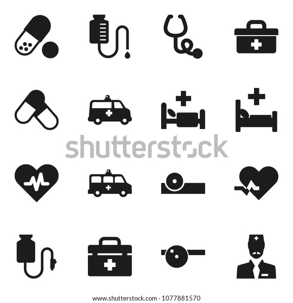 Flat vector icon set - pills vector, doctor bag,
heart pulse, stethoscope, eye hat, hospital bed, amkbulance car,
drop counter