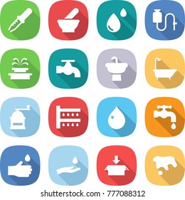 flat vector icon set - pipette vector, mortar, blood drop, dropper, fountain, water tap, sink, bath, hand mill, watering, and, package, spot