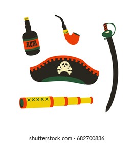 Flat vector icon set of pirate icons. Vector illustration of pirate sword, long glass, hat and smoking pipe.
