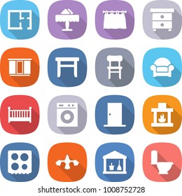 flat vector icon set - plan vector, restaurant, curtain, nightstand, wardrobe, stool, chair, armchair, crib, washing machine, door, fireplace, hob, hard reach place cleaning, utility room, toilet