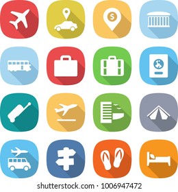 flat vector icon set - plane vector, car pointer, dollar pin, airport building, bus, suitcase, passport, departure, hotel, tent, transfer, signpost, flip flops, bed
