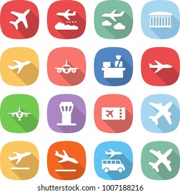 flat vector icon set - plane vector, weather management, journey, airport building, customs control, tower, ticket, airplane, departure, arrival, transfer