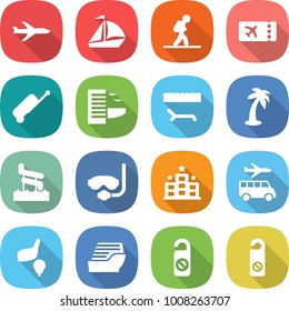 flat vector icon set - plane vector, sail boat, tourist, ticket, suitcase, hotel, lounger, palm, aquapark, diving mask, transfer, golf, cruise ship, do not distrub