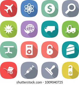 flat vector icon set - plane vector, atom, dollar coin, magnifier, virus, delivery, shipping, fork loader, table, speaker, unlock, cake, wheelbarrow, syringe, scraper, do not distrub