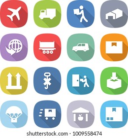 flat vector icon set - plane vector, truck, courier, warehouse, delivery, shipping, car, package box, cargo top sign, do not hook, parachute, fast deliver