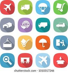 flat vector icon set - plane vector, truck, parachute, cargo stoller, warehouse, delivery, shipping, car, loading crane, trolley, dry, courier, search, railroad, airplane, package