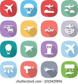 flat vector icon set - plane vector, parachute, weather management, journey, ambulance helicopter, shipping, air ballon, deltaplane, airport tower, airplane, conditioning, hair dryer, blower, hand