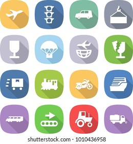 flat vector icon set - plane vector, traffic light, car shipping, loading crane, fragile, parachute delivery, broken, fast deliver, train, motorcycle, cruise ship, speed, conveyor, tractor, sweeper