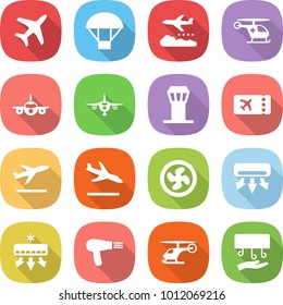 flat vector icon set - plane vector, parachute, weather management, ambulance helicopter, airport tower, ticket, departure, arrival, cooler fan, air conditioning, hair dryer, hand