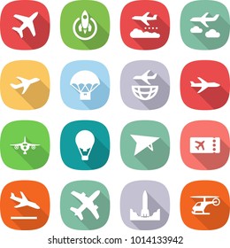 flat vector icon set - plane vector, rocket, weather management, journey, parachute delivery, shipping, air ballon, deltaplane, ticket, arrival, start, helicopter