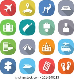flat vector icon set - plane vector, car pointer, greate wall, taxi, suitcase, baggage get, hotel, tent, transfer, signpost, yacht, inflatable mattress, flip flops