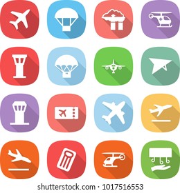 flat vector icon set - plane vector, parachute, factory filter, ambulance helicopter, airport tower, delivery, deltaplane, ticket, airplane, departure, arrival, inflatable mattress, hand dryer