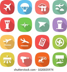 flat vector icon set - plane vector, parachute, factory filter, journey, airport tower, deltaplane, departure, arrival, inflatable mattress, cooler fan, air conditioning, hair dryer, helicopter