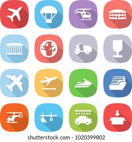 flat vector icon set - plane vector, parachute, ambulance helicopter, airport building, globe, scooter shipping, fragile, airplane, departure, jet ski, cruise ship, plow, car wash, package