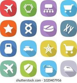 flat vector icon set - plane vector, hex molecule, structure, cart, star, dna, pill, chromosomes, heavy, car baggage, starfish, shield, steam pan, iron