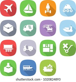 flat vector icon set - plane vector, boat, hoverboard, lunar rover, box, delivery, ambulance helicopter, sea shipping, truck, scooter, consolidated cargo, do not trolley sign, package, train