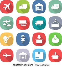 flat vector icon set - plane vector, truck, warehouse, delivery, journey, shipping, loading crane, trolley, do not hook sign, package