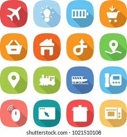 flat vector icon set - plane vector, bulb, battery, add to cart, remove from basket, home, trip, geo pin, train, intercome, wireless mouse, browser window, pan, grill oven
