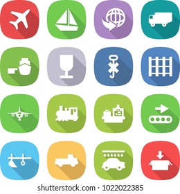 flat vector icon set - plane vector, boat, delivery, shipping, port, fragile, do not hook sign, pallet, train, baggage checking, conveyor, plow, pickup, car wash, package