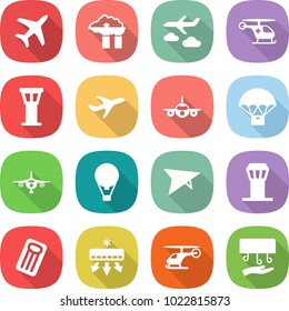 flat vector icon set - plane vector, factory filter, journey, ambulance helicopter, airport tower, parachute delivery, air ballon, deltaplane, inflatable mattress, conditioning, hand dryer