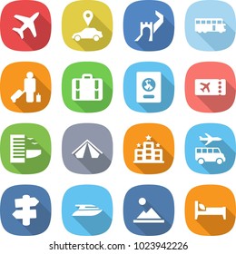 flat vector icon set - plane vector, car pointer, greate wall, bus, passenger, suitcase, passport, ticket, hotel, tent, transfer, signpost, yacht, landscape, bed