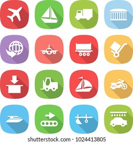 flat vector icon set - plane vector, boat, truck, airport building, delivery, shipping, trolley, package, fork loader, sail, motorcycle, yacht, conveyor, plow, car wash