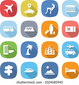 flat vector icon set - plane vector, car pointer, greate wall, airport building, bus, taxi, passenger, ticket, hotel, palm, transfer, signpost, yacht, landscape, bed