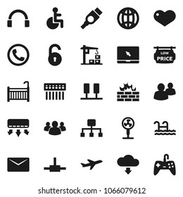 Flat vector icon set - plane vector, headphones, notebook pc, group, heart, hdmi, disabled, connect, server, firewall, hub, cloud download, mail, globe, hierarchy, unlock, pool, low price signboard