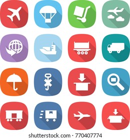 flat vector icon set - plane vector, parachute, cargo stoller, journey, delivery, sea shipping, truck, dry, do not hook sign, package, search, railroad, fast deliver