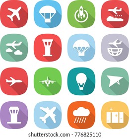 flat vector icon set - plane vector, parachute, rocket, weather management, journey, airport tower, delivery, shipping, air ballon, deltaplane, airplane, rain cloud, clean window