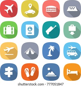 flat vector icon set - plane vector, car pointer, airport building, taxi, suitcase, passport, baggage get, departure, tent, palm, transfer, signpost, flip flops, landscape, bed