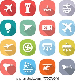 flat vector icon set - plane vector, airport tower, shipping, air ballon, deltaplane, ticket, airplane, departure, cooler fan, conditioning, hair dryer, filter, helicopter, blower