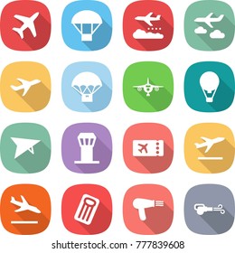 flat vector icon set - plane vector, parachute, weather management, journey, delivery, air ballon, deltaplane, airport tower, ticket, departure, arrival, inflatable mattress, hair dryer, blower