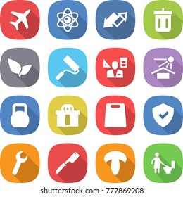 flat vector icon set - plane vector, atom, up down arrow, bin, leafs, repair, architector, sun potection, heavy, hi quality package, cutting board, shield, wrench, chef knife, mushroom