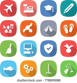 flat vector icon set - plane vector, cashbox, graduate hat, medical thermometer, architector, satellite, tent, flip flops, broom, computer, shield, beet, fish, gears, rake, vacuum cleaner