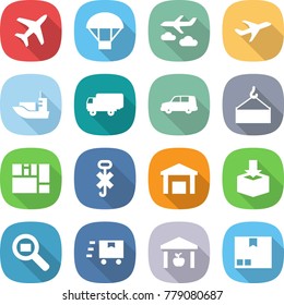 flat vector icon set - plane vector, parachute, journey, sea shipping, car, loading crane, consolidated cargo, do not hook sign, warehouse, package, search, fast deliver