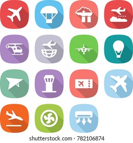 flat vector icon set - plane vector, parachute, factory filter, weather management, ambulance helicopter, shipping, air ballon, deltaplane, airport tower, ticket, airplane, arrival, cooler fan